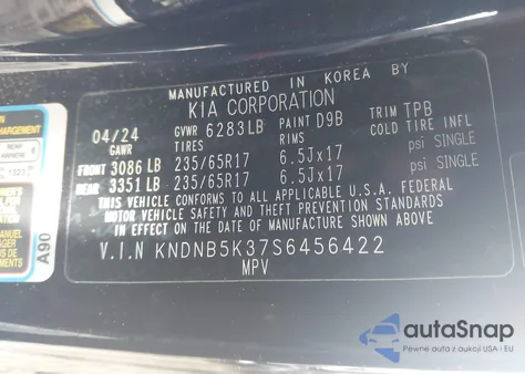 2025 Kia Carnival Mpv Lxs z USA, uszkodzony, nr VIN KNDNB5K37S6456422